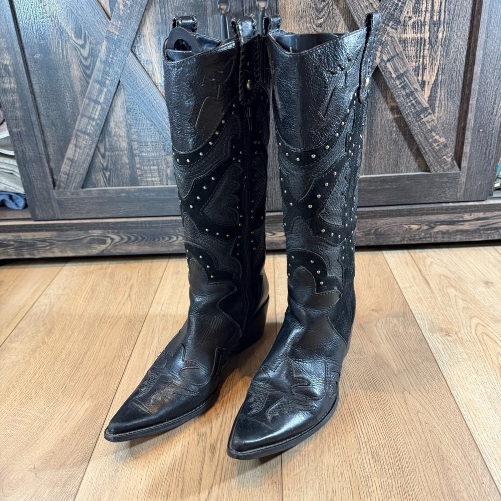 Matisse Black Leather Studded Boots Brazil Womens 7.5 Western Cowboy Rodeo
